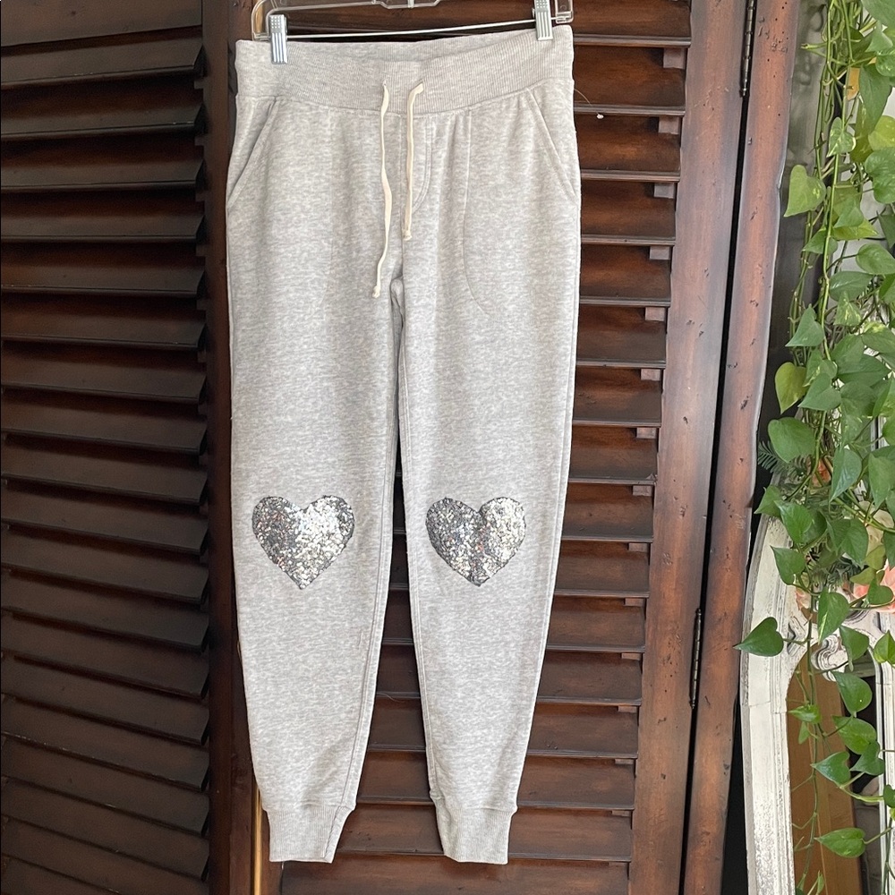 Gray Sequin Heart Joggers with Silver Heart Accents Medium TROO